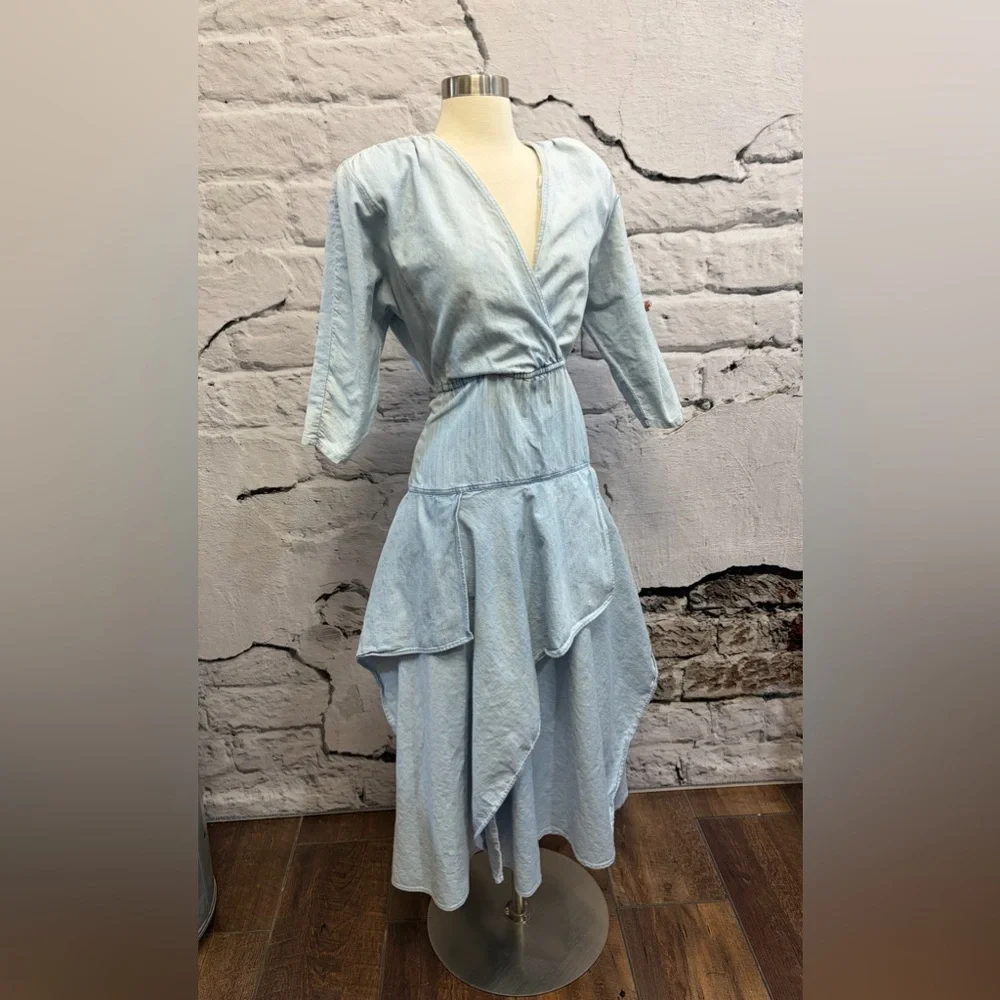 Vintage Pheobe Light Blue Denim Bohemian Hanker-chief Asymmetrical Layered Dress - Picture 4 of 12